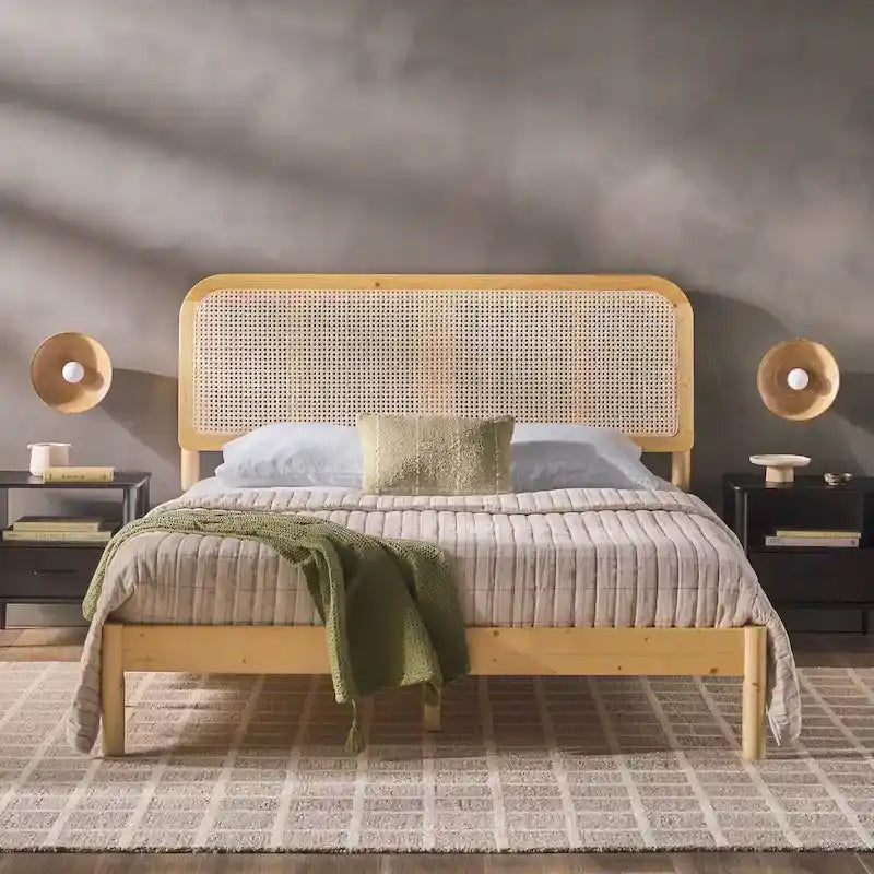 Boho Curved Rattan Headboard Bed Frame
