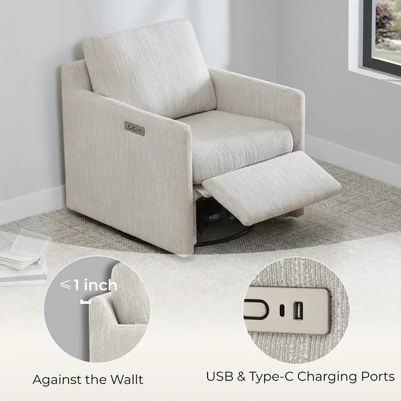 Power Swivel Recliner Accent Chair Wall Hugger with USB & Type-C Ports