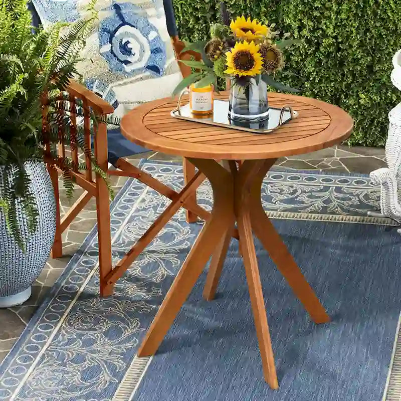 27 Inch Outdoor Round Solid Wood Coffee Side Bistro Table - Teak Finish