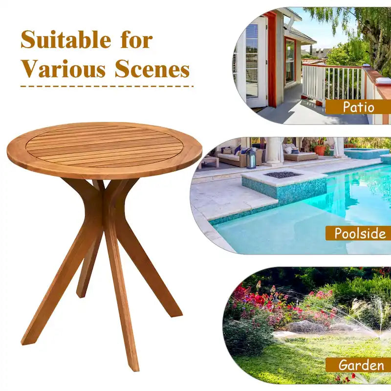27 Inch Outdoor Round Solid Wood Coffee Side Bistro Table - Teak Finish