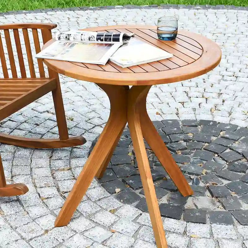 27 Inch Outdoor Round Solid Wood Coffee Side Bistro Table - Teak Finish