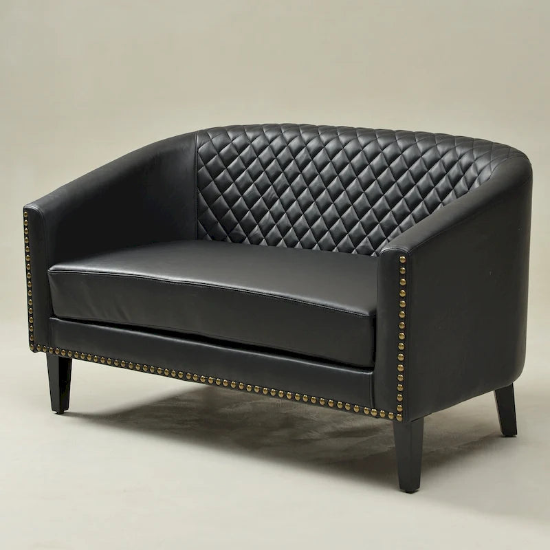 50W Tufted Faux Leather Barrel Loveseat Sofa with Brass Rivets - Compact
