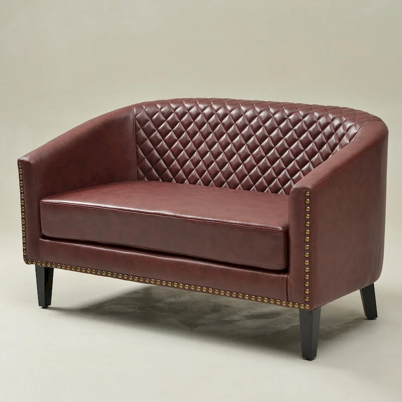 50W Tufted Faux Leather Barrel Loveseat Sofa with Brass Rivets - Compact