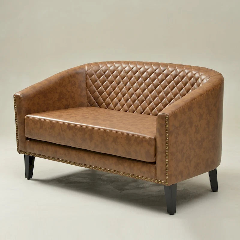 50W Tufted Faux Leather Barrel Loveseat Sofa with Brass Rivets - Compact
