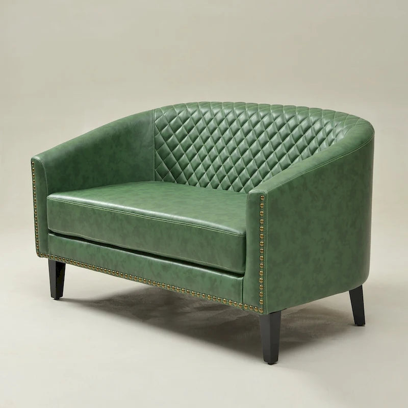 50W Tufted Faux Leather Barrel Loveseat Sofa with Brass Rivets - Compact