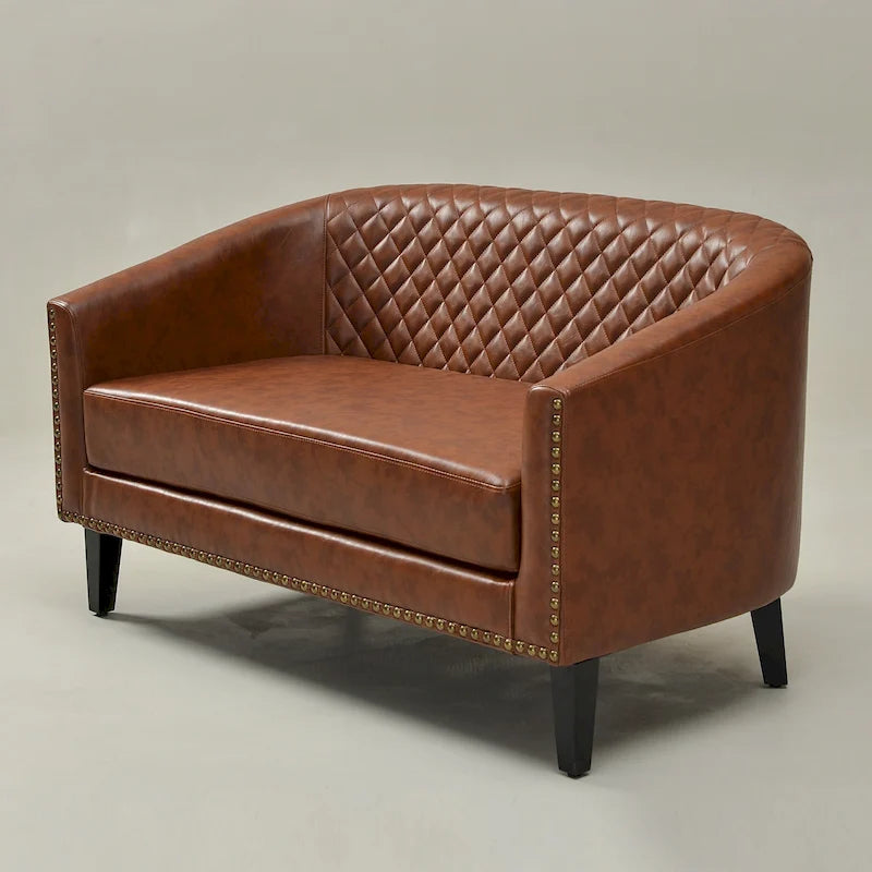 50W Tufted Faux Leather Barrel Loveseat Sofa with Brass Rivets - Compact