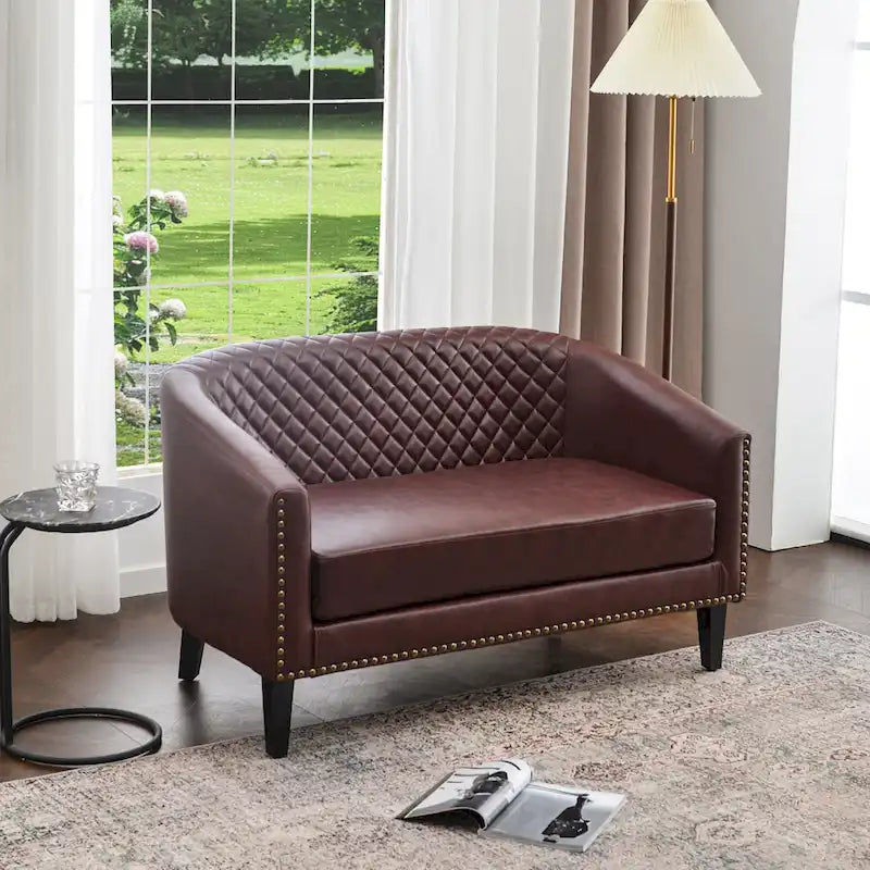 50W Tufted Faux Leather Barrel Loveseat Sofa with Brass Rivets - Compact