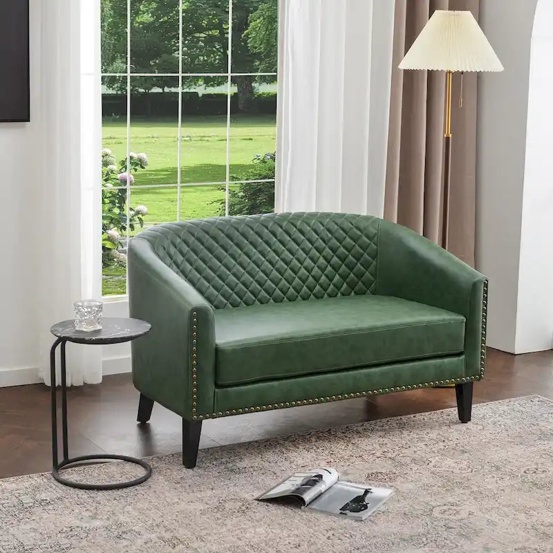 50W Tufted Faux Leather Barrel Loveseat Sofa with Brass Rivets - Compact