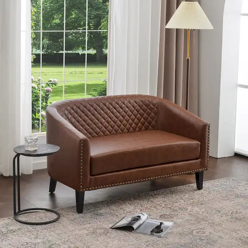 50W Tufted Faux Leather Barrel Loveseat Sofa with Brass Rivets - Compact