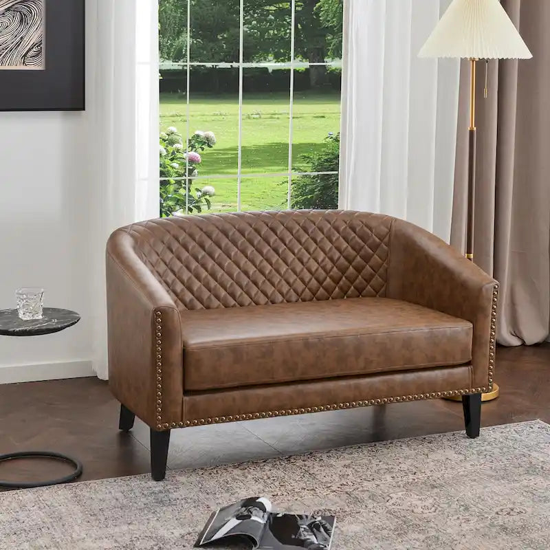50W Tufted Faux Leather Barrel Loveseat Sofa with Brass Rivets - Compact