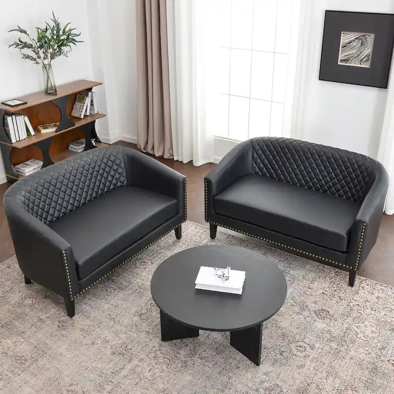 50W Tufted Faux Leather Barrel Loveseat Sofa with Brass Rivets - Compact