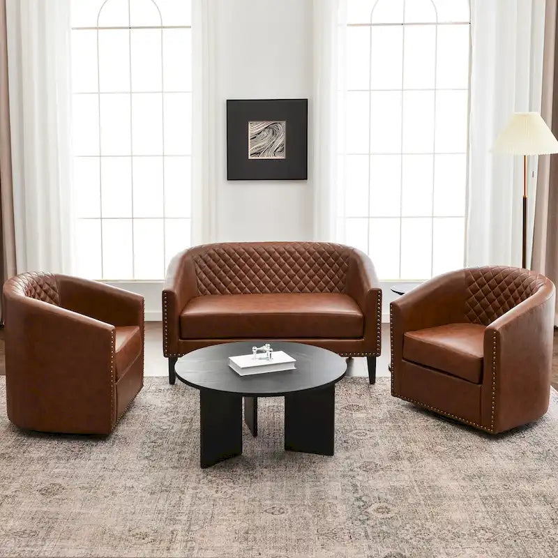 50W Tufted Faux Leather Barrel Loveseat Sofa with Brass Rivets - Compact