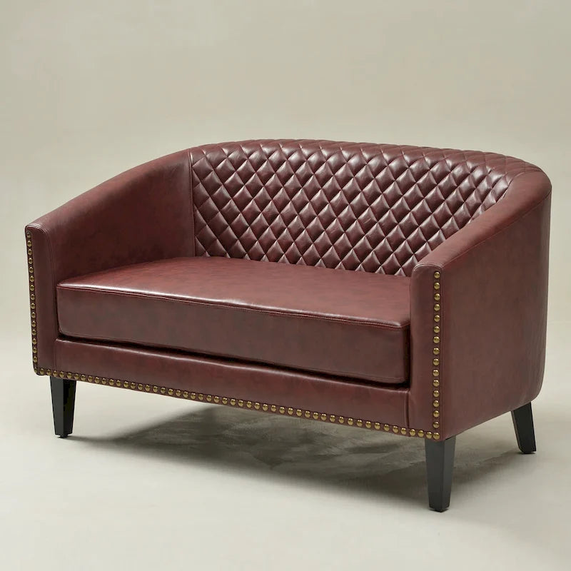 50W Tufted Faux Leather Barrel Loveseat Sofa with Brass Rivets - Compact