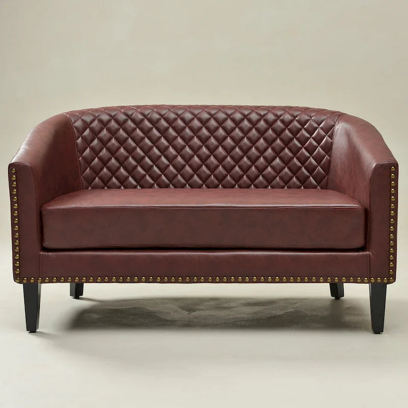 50W Tufted Faux Leather Barrel Loveseat Sofa with Brass Rivets - Compact
