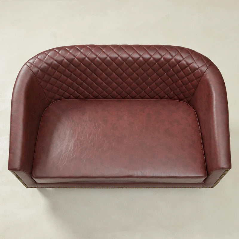 50W Tufted Faux Leather Barrel Loveseat Sofa with Brass Rivets - Compact