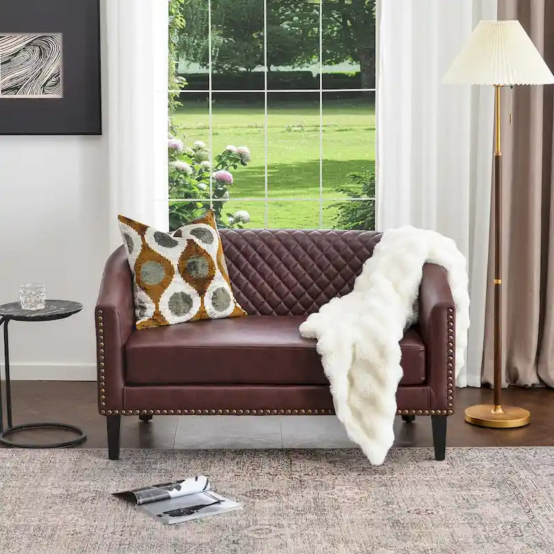 50W Tufted Faux Leather Barrel Loveseat Sofa with Brass Rivets - Compact