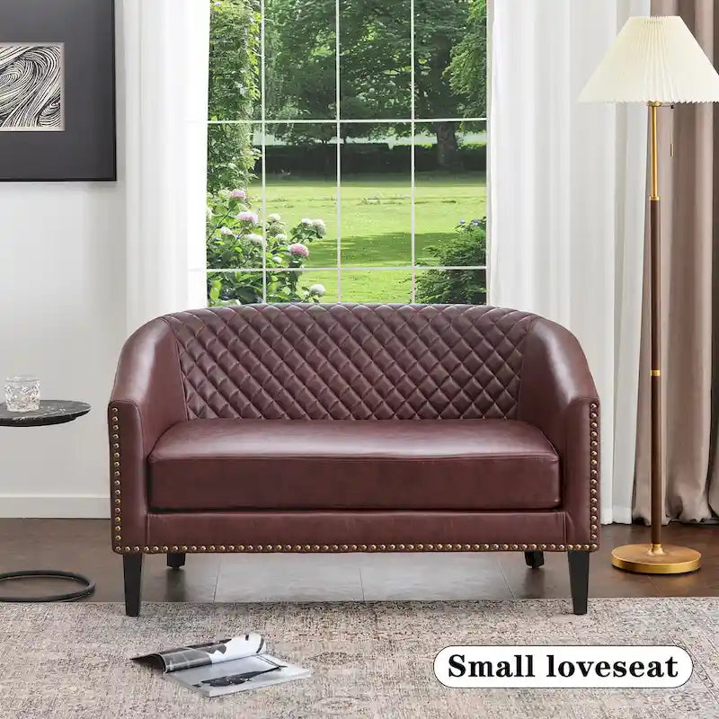 50W Tufted Faux Leather Barrel Loveseat Sofa with Brass Rivets - Compact