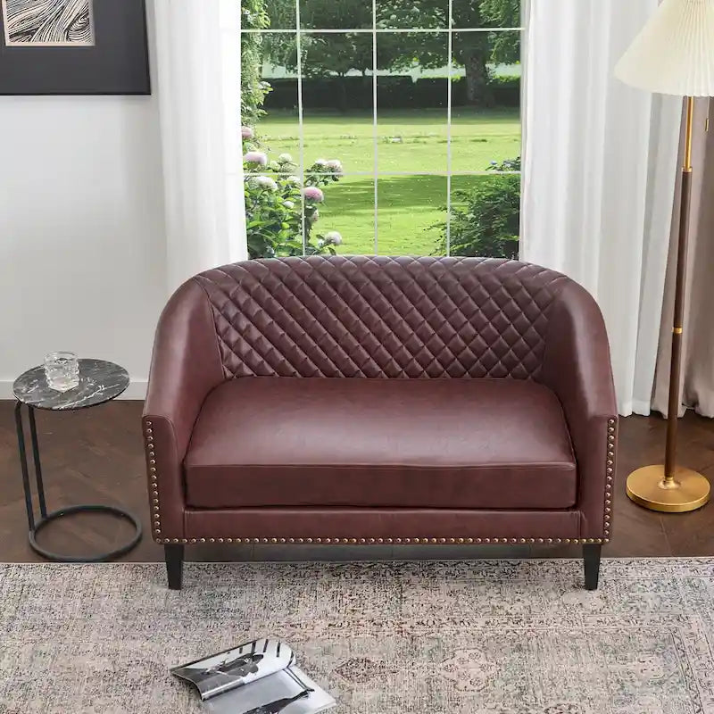 50W Tufted Faux Leather Barrel Loveseat Sofa with Brass Rivets - Compact