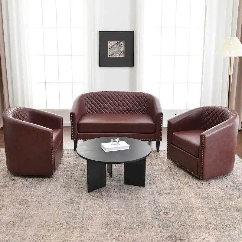 50W Tufted Faux Leather Barrel Loveseat Sofa with Brass Rivets - Compact