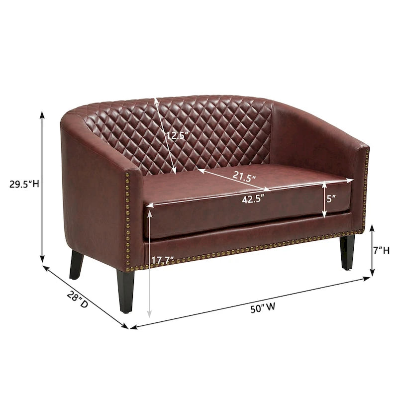 50W Tufted Faux Leather Barrel Loveseat Sofa with Brass Rivets - Compact