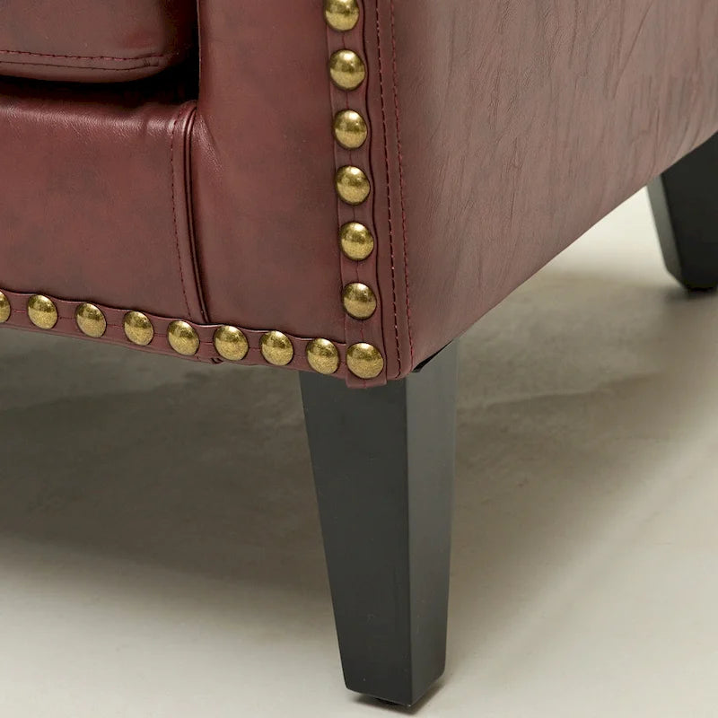 50W Tufted Faux Leather Barrel Loveseat Sofa with Brass Rivets - Compact