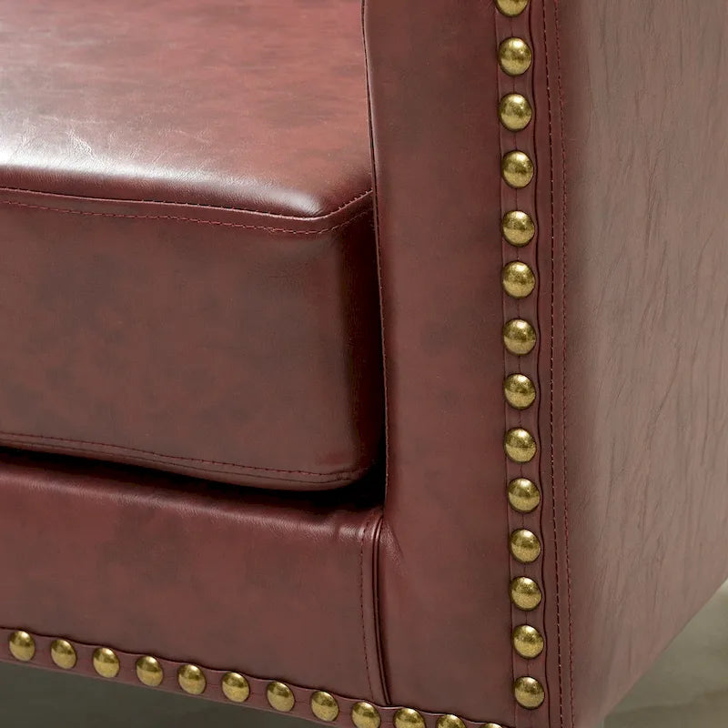 50W Tufted Faux Leather Barrel Loveseat Sofa with Brass Rivets - Compact