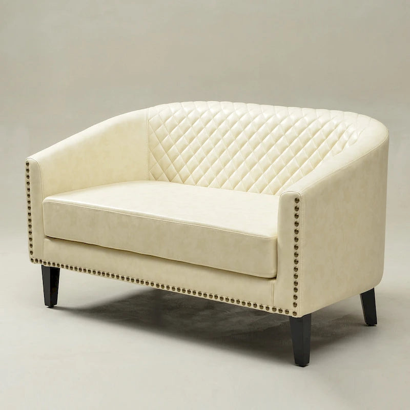 50W Tufted Faux Leather Barrel Loveseat Sofa with Brass Rivets - Compact