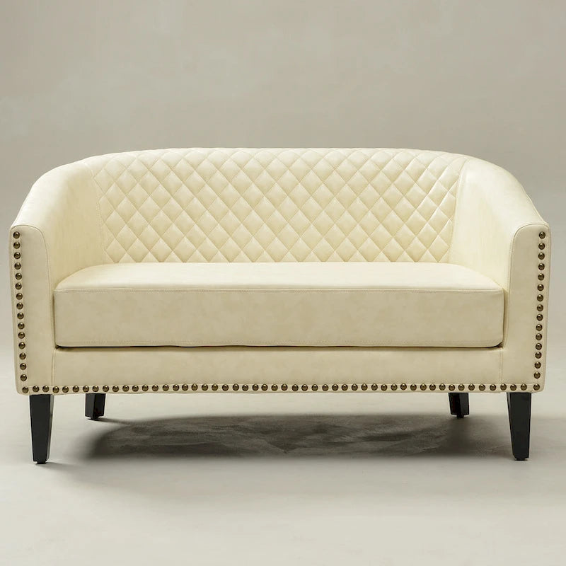 50W Tufted Faux Leather Barrel Loveseat Sofa with Brass Rivets - Compact