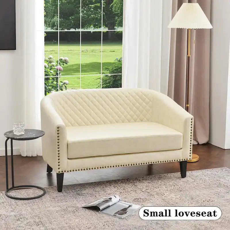 50W Tufted Faux Leather Barrel Loveseat Sofa with Brass Rivets - Compact