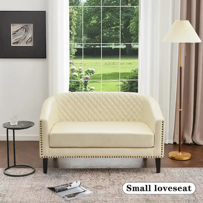 50W Tufted Faux Leather Barrel Loveseat Sofa with Brass Rivets - Compact