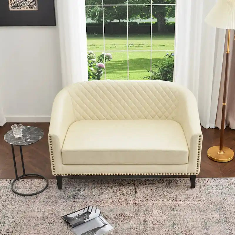 50W Tufted Faux Leather Barrel Loveseat Sofa with Brass Rivets - Compact