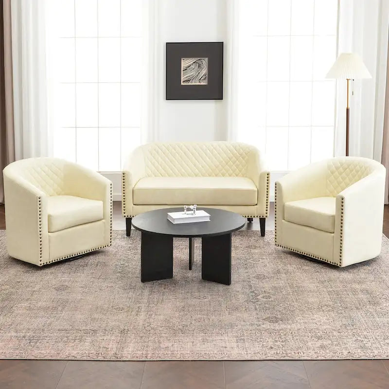 50W Tufted Faux Leather Barrel Loveseat Sofa with Brass Rivets - Compact