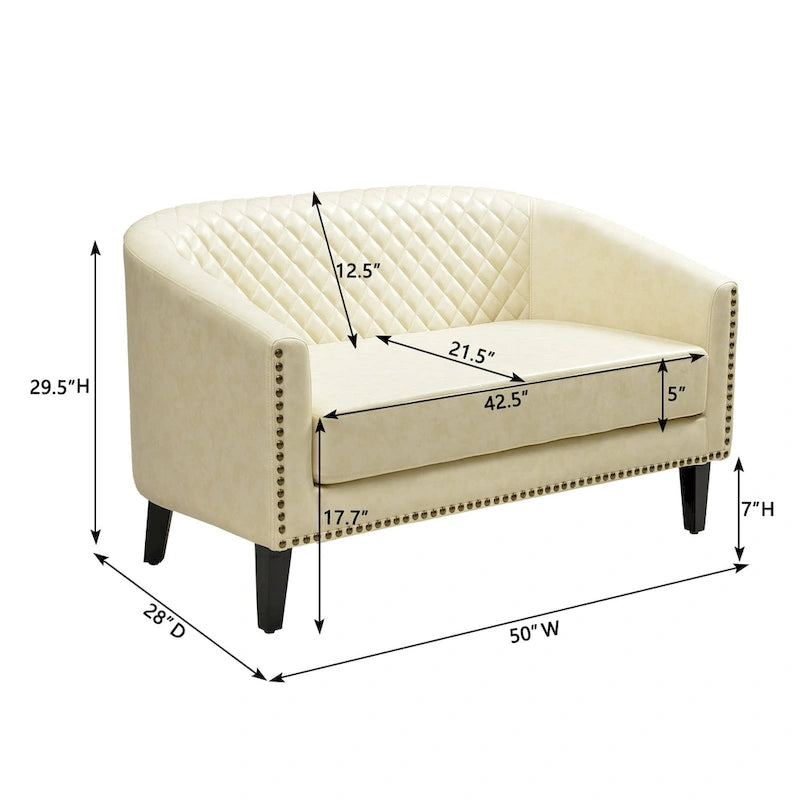50W Tufted Faux Leather Barrel Loveseat Sofa with Brass Rivets - Compact