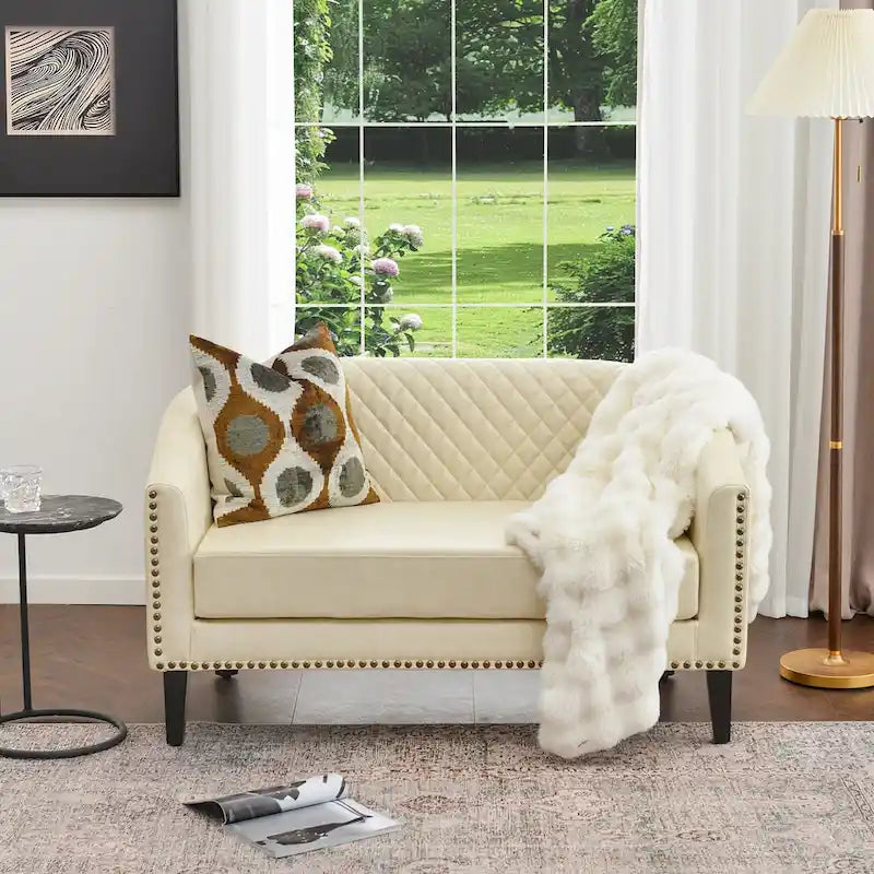 50W Tufted Faux Leather Barrel Loveseat Sofa with Brass Rivets - Compact