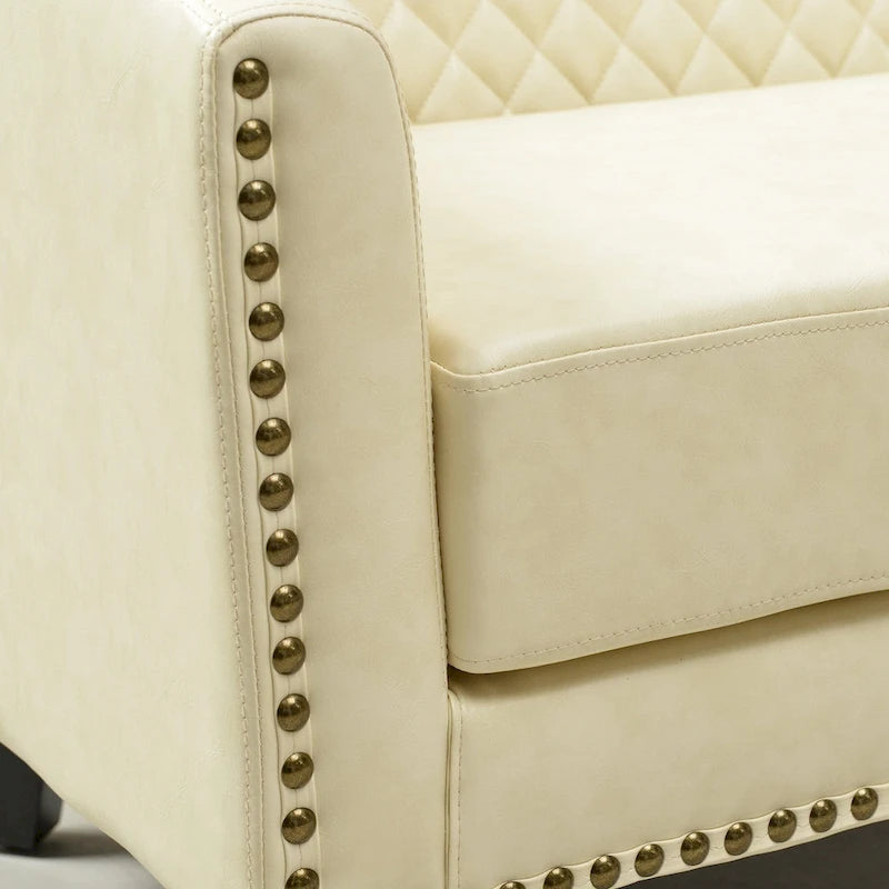 50W Tufted Faux Leather Barrel Loveseat Sofa with Brass Rivets - Compact
