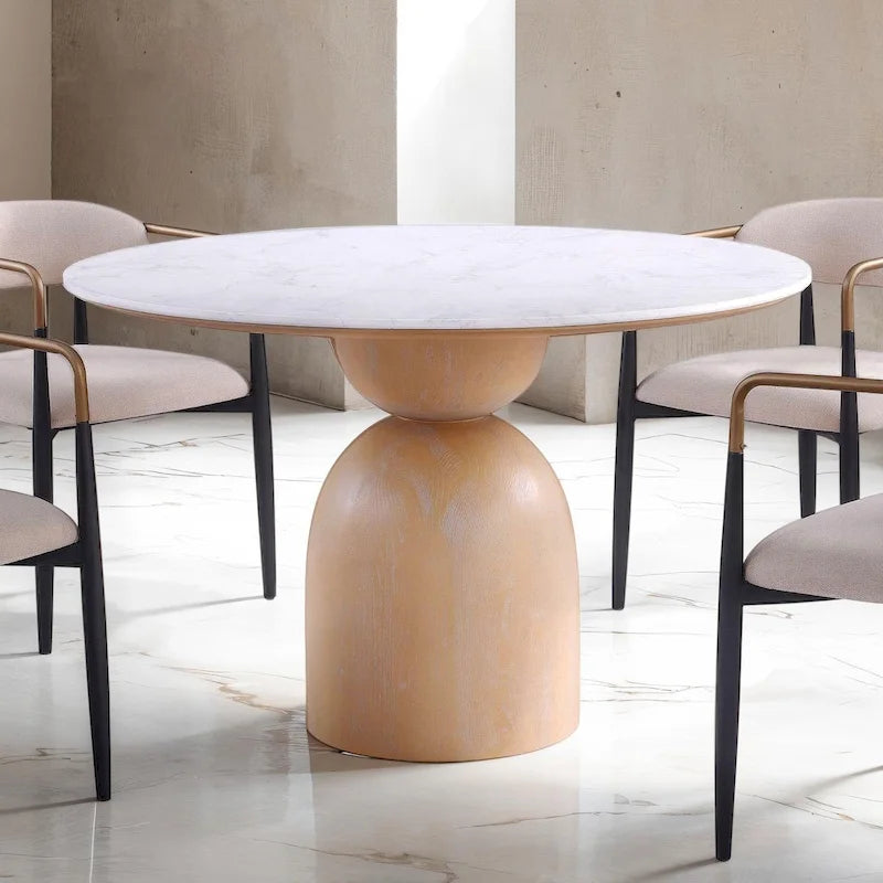 Modern Round Dining Table with White Stone Top and Natural Wood Drum Base