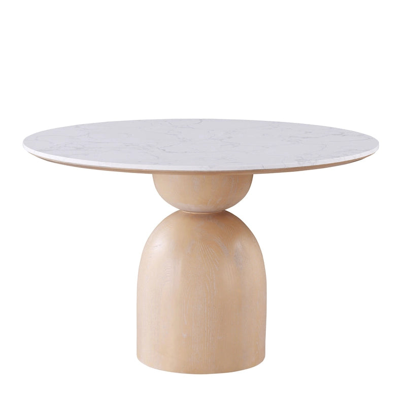 Modern Round Dining Table with White Stone Top and Natural Wood Drum Base