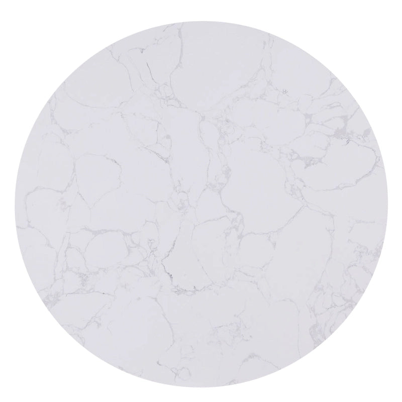 Modern Round Dining Table with White Stone Top and Natural Wood Drum Base