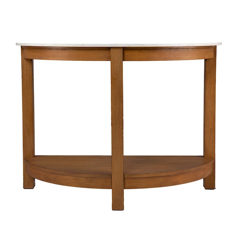 Consolle a due livelli con piano effetto marmo e ripiano aperto in legno naturale