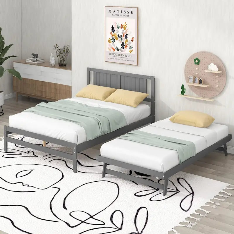 Lit plateforme gris en bois, taille double, avec lit gigogne réglable