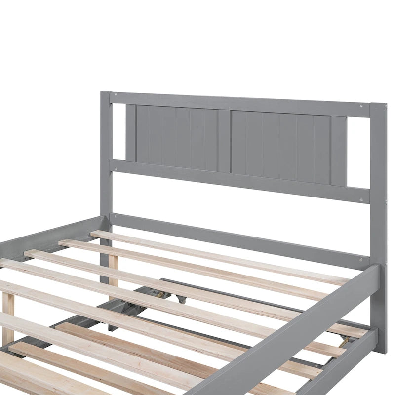Grey Wood Full Size Platform Bed with Adjustable Trundle