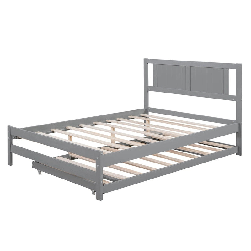 Lit plateforme gris en bois, taille double, avec lit gigogne réglable