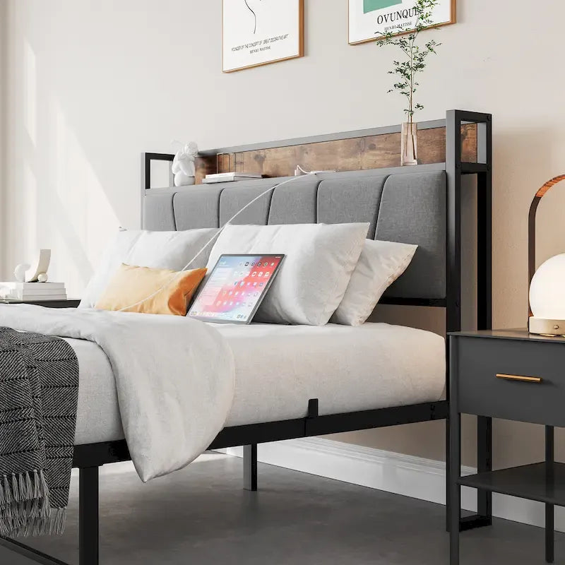 Full Size Bed with Storage Headboard, Two Drawers &Charging Station