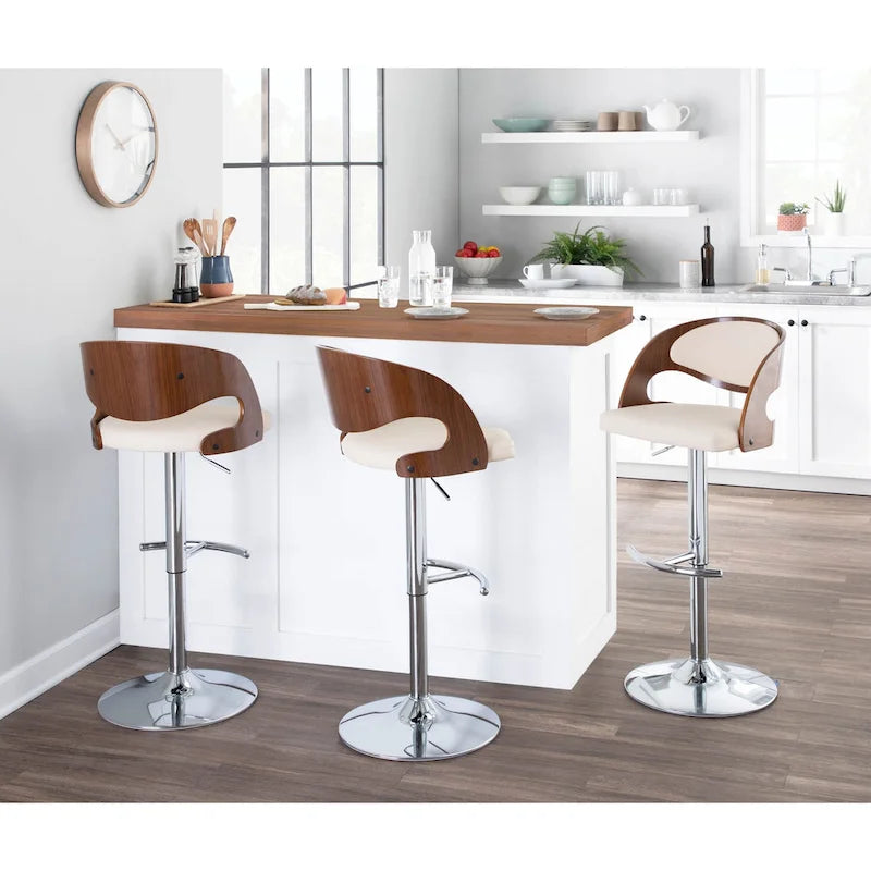 Adjustable Swivel Barstool with Bent Wood Back and Upholstered Seat