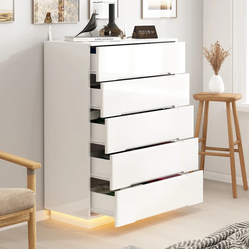 31.5 High Gloss Chest With Light Chest w/5 Drawers&Spacious Tabletop