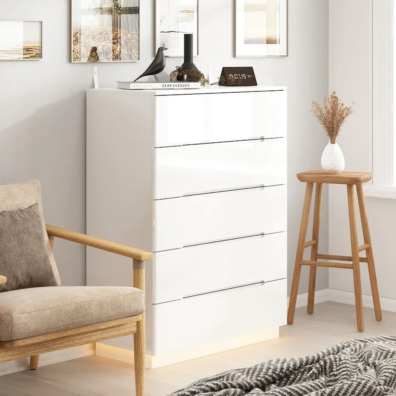 31.5 High Gloss Chest With Light Chest w/5 Drawers&Spacious Tabletop