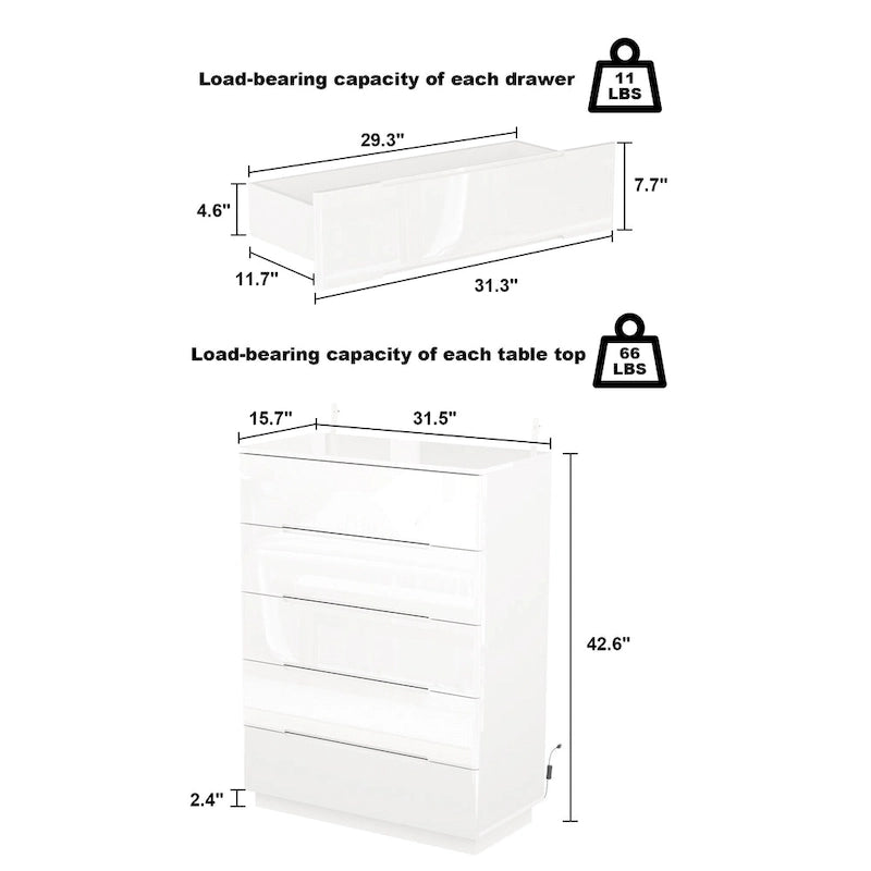 31.5 High Gloss Chest With Light Chest w/5 Drawers&Spacious Tabletop