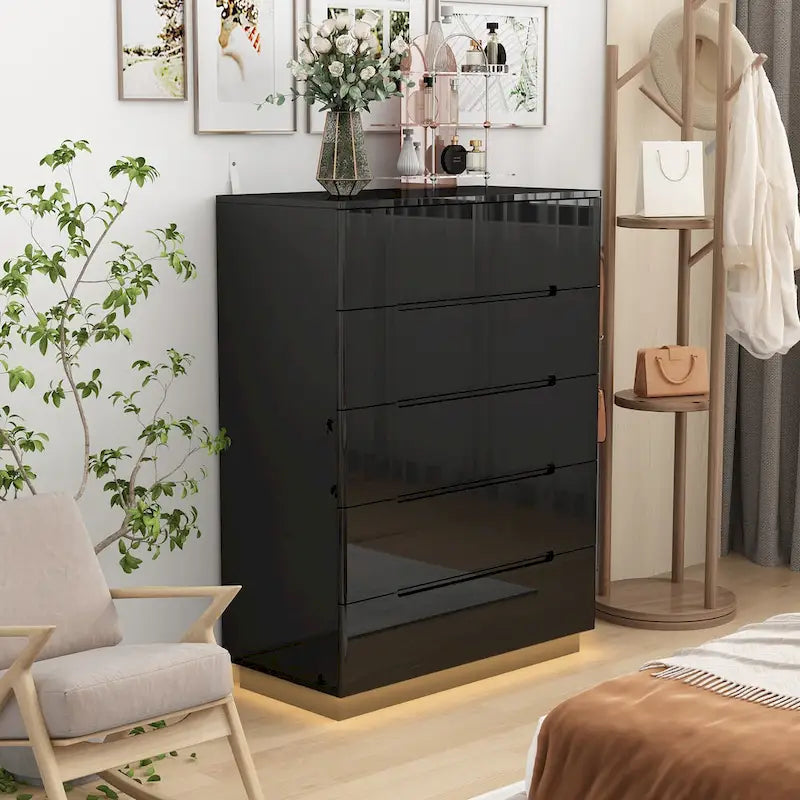 31.5 High Gloss Chest With Light Chest w/5 Drawers&Spacious Tabletop