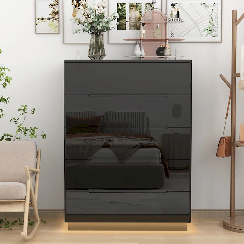 31.5 High Gloss Chest With Light Chest w/5 Drawers&Spacious Tabletop