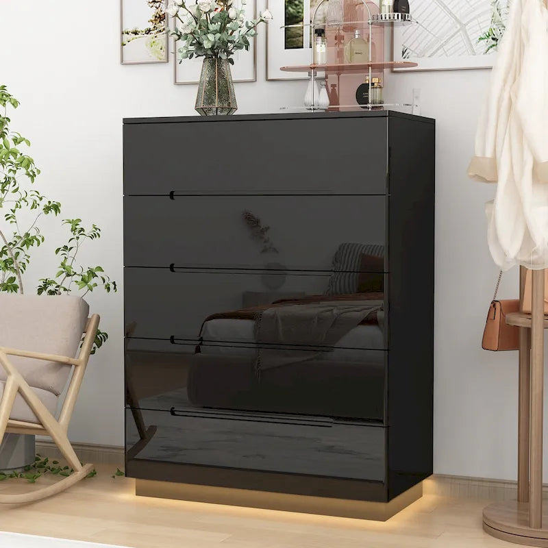 31.5 High Gloss Chest With Light Chest w/5 Drawers&Spacious Tabletop